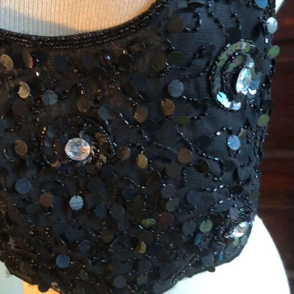 Halter top sz Med/ black silky material with sequins and faux diamonds/ties - Picture 3 of 15
